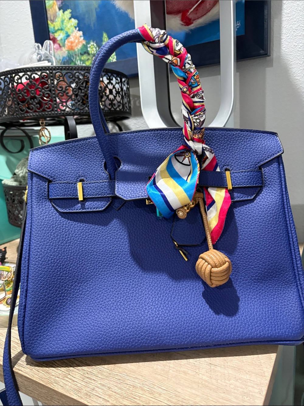 Royal Blue Structured Leather Satchel with Scarf Accent